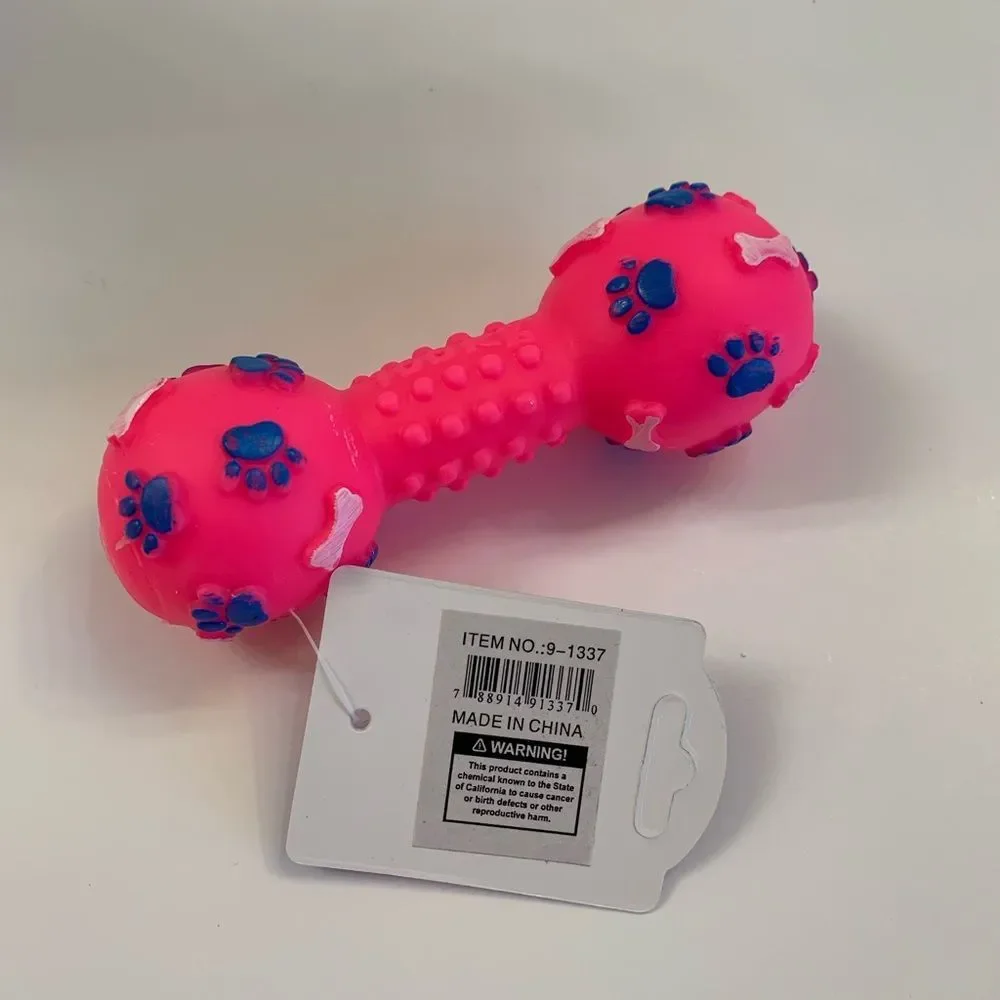 Pet- Squeaky Toy- Dumbbell W/ Paw Prints - Various Colors